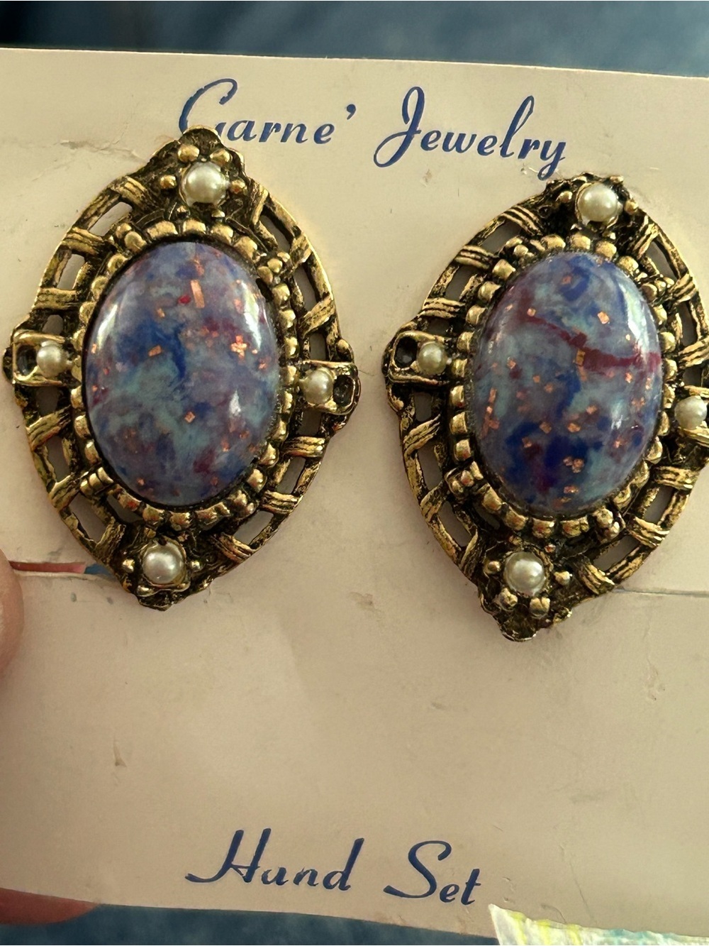 4/$100 vintage Blue Opal Cabochon Statement clip ons Earrings